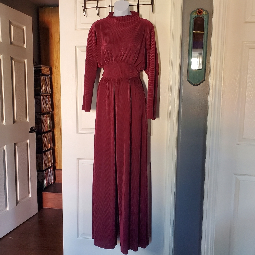 Chico's Burgundy Ribbed Wide-leg Jumpsuit High-rise Formal Elegant Romantic Sz 4
